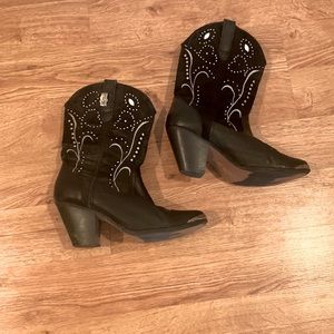LADIES BLACK LEATHER BOOTS WITH DANCING HEEL, STEEL TOE AND RHINESTONES